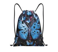 LHDGBNV Drawstring Backpack For Women Men, Waterproof Drawstring Bag Blue Butterfly Cinch Bags Lightweight Gym Bags, Black, M