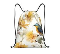 LHDGBNV Drawstring Backpack For Women Men, Waterproof Drawstring Bag Yellow Flowers And Birds Cinch Bags Lightweight Gym Bags, Black, M