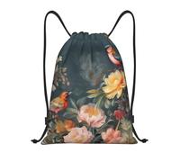 LHDGBNV Drawstring Backpack For Women Men, Waterproof Sling Bag Flowers Birds Cinch Bags Lightweight Gym Bags, Black, S