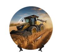 LHDGBNV Farm Tractor Harvest Bone China Decorative Plate 8in Ceramic Decorative Plates With Display Stand Porcelain Round Dinner Plate Elegant Art Crafts For Home Kitchen Bedroom Decor