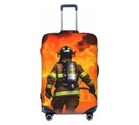 LHDGBNV Firefighter Fireman Flame Travel Luggage Cover Suitcase Protector Washable Elastic Suitcase Cover Anti-Scratch Luggage Protector Travel Suitcase Baggage Cover Fits 18-32 Inch Suitcase, Black