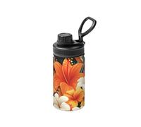 LHDGBNV Flowers And Hawaiian Tribal Patterns On Black Background Water Bottle Stainless Steel Vacuum Insulated Sports Flask 12 Oz Water Bottles With Leakproof Spout Lid Lightweight Hot Cold Retention