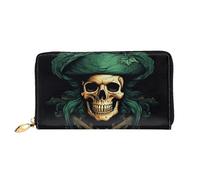 LHDGBNV Green Hat Skull Leather Wallets For Women Waterproof Zip Around Clutch Purses Large Credit Card Holder With Phone Holder Ladies Travel Coin Purse, Black, One Size, Casual