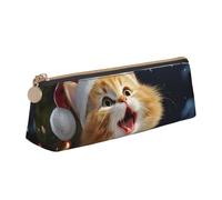 LHDGBNV Leather Pencil Case Holder,Stylish Pencil Pouch Slim Pen Bag With Zipper,Cute Cat Sing Christmas Carols Cosmetic Makeup Pouch Bag For Work Office