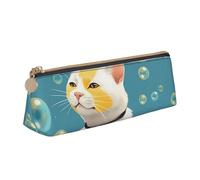 LHDGBNV Leather Pencil Case Holder,Stylish Pencil Pouch Slim Pen Bag With Zipper,Many Bubbles And A Cat Cosmetic Makeup Pouch Bag For Work Office