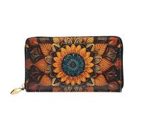 LHDGBNV Mandala Leather Wallets For Women Waterproof Zip Around Clutch Purses Large Credit Card Holder With Phone Holder Ladies Travel Coin Purse, Black, One Size, Casual