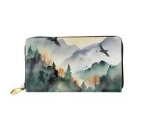 LHDGBNV Mountain Birds Watercolor Leather Wallets For Women Waterproof Zip Around Clutch Purses Large Credit Card Holder With Phone Holder Ladies Travel Coin Purse, Black, One Size, Casual
