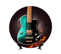 LHDGBNV Music Green Guitar Bone China Decorative Plate 6in Ceramic Decorative Plates With Display Stand Porcelain Round Dinner Plate Elegant Art Crafts For Home Kitchen Bedroom Decor