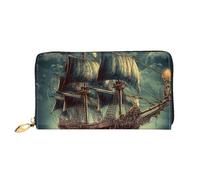 LHDGBNV Nautical Vintage Sailing Pirate Ship Leather Wallets For Women Waterproof Zip Around Clutch Purses Large Credit Card Holder With Phone Holder Ladies Travel Coin Purse, Black, One Size, Casual