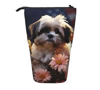 LHDGBNV Shih Tzu Dog And Flowers Telescopic Pencil Case,Cute Stand Pencil Bag Pop Up Pen Holder Cosmetics Bags Desk Stationery Case For Office Supplies