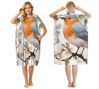 LHDGBNV Surf Poncho Changing Robe with Hood Absorbent Quick Dry Microfiber Wetsuit Changing Towel Oversized Floral Print Watercolor Robin Bird Hooded Beach Towel for Swim, Bath, Beach