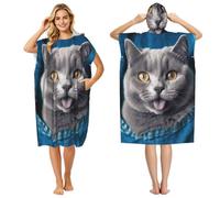 LHDGBNV Surf Poncho Changing Robe with Hood Absorbent Quick Dry Microfiber Wetsuit Changing Towel Oversized Blue Cat Sticking Out Tongue Hooded Beach Towel for Swim, Bath, Beach