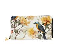 LHDGBNV Yellow Flowers And Birds Leather Wallets For Women Waterproof Zip Around Clutch Purses Large Credit Card Holder With Phone Holder Ladies Travel Coin Purse, Black, One Size, Casual