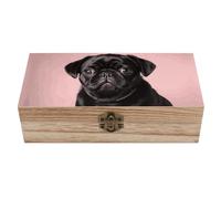 LHDGSJE Cute Black Pug Wood Storage Box Rustic Jewelry Organizer Box with Hinged Lid And Front Clasp Decorative Wooden Keepsake Bins Mini Memory Chest for Men Women