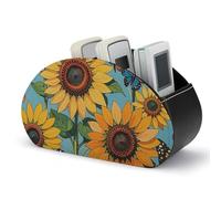LHDGSJE Sunflower Floral Butterflies Art Remote Control Holder PU Leather Remote Caddy TV Remote Storage Box with 5 Compartments Pencil Storage Box Makeup Brush Holder Office Supplies