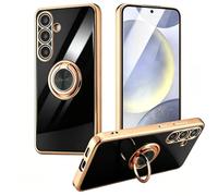 LHELIFE Shockproof Case for Samsung Galaxy S26 Plus, with 360° Rotatable Ring Holder Magnetic Kickstand, Plating Rose Gold Edge Slim Soft Protective Cover, Black
