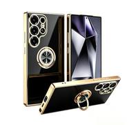 LHELIFE Shockproof Case for Samsung Galaxy S26 Ultra, with 360° Rotatable Ring Holder Magnetic Kickstand, Plating Rose Gold Edge Slim Soft Protective Cover, Black