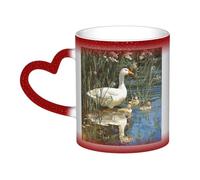 LHFIOHIRG (Big White Goose on the lakeucklings) 330 ml Color Changing Mug Heat Sensitive Ceramic Cup Magic Coffee Mug with Heart-Shaped Handle