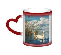 LHFIOHIRG (Big White Goose on the lakeucklings) 330 ml Color Changing Mug Heat Sensitive Ceramic Cup Magic Coffee Mug with Heart-Shaped Handle