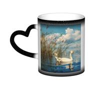 LHFIOHIRG (Big White Goose on the lakeucklings) 330 ml Color Changing Mug Heat Sensitive Ceramic Cup Magic Coffee Mug with Heart-Shaped Handle