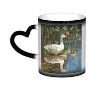 LHFIOHIRG (Big White Goose on the lakeucklings) 330 ml Color Changing Mug Heat Sensitive Ceramic Cup Magic Coffee Mug with Heart-Shaped Handle