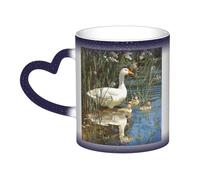 LHFIOHIRG (Big White Goose on the lakeucklings) 330 ml Color Changing Mug Heat Sensitive Ceramic Cup Magic Coffee Mug with Heart-Shaped Handle