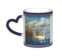 LHFIOHIRG (Big White Goose on the lakeucklings) 330 ml Color Changing Mug Heat Sensitive Ceramic Cup Magic Coffee Mug with Heart-Shaped Handle