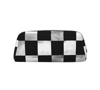 LHFIOHIRG (Black and White Rectangular) Leather Pencil Case Zipper Pen Pouch Stationery Organizer Cosmetic Storage Bag for School Office Travel