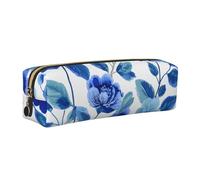 LHFIOHIRG Blue Flower and Leaf Leather Pencil Case Pen Pouch with Zipper Multifunction Makeup Bag Stationery Organizer for School Office Travel