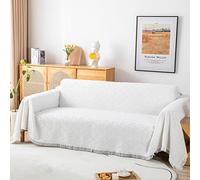 LHGOGO Sofa Throw for 3 Seater Sofa, Jacquard Woven, 180x300cm, White | Woven Geometric Couch Cover, Boho Textured Furniture Protector with Tassels, Large Decorative Blanket, Reversible