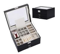 LHHMZ Jewellery Box with Clear Acrylic Lid, 3 Layers Jewellery Organiser Box, Jewellery Storage with 2 Drawers for Rings Earrings Necklace Bracelets Watch Accessories