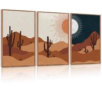 LHIUEM Boho Desert Framed Canvas Wall Art,Abstract Sun Moon Wall Decor,Modern Cactus Landscape Painting,Mid Century Southwestern Artwork for Living Room,Bedroom,Dining Room -24"x36"x3
