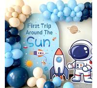 LHIUEM First Trip Around The Sun Birthday Stickers Astronaut Rocket Outer Space Murals for Baby Boy Shower 1ST Trip Around The Sun Decals Blue Planets Theme Birthday Wall Decor for Party Arch Backdrop