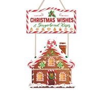 LHIUEM Gingerbread Christmas Decor Set of 2(12”X17”) - Merry Christmas Wood Sign, Gingerbread Kisses & Candy Cane Wreath for Front Door Wall