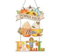 LHIUEM Hello Fall Door Signs,Happy Thanksgiving Wood Decor,Fall Pumpkin Patch Decor,Autumn Harvest Wall Plaque,Scarecrow Wall Hanging Sign,Pumpkin Sunflowers Hanger for Farmhouse Home Outdoor Yard