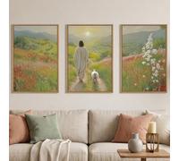 LHIUEM Large Jesus and Lamb Christian Framed Canvas Wall Art,Leaves The 99 Sheep Wall Decor,Mountain Sunset Flower Bible Artwork for Living Room,Bedroom,Dining Room,Office -24''x36''x3