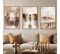 LHIUEM Large Jesus Neutral Framed Canvas Wall Art Set,Christ Church Wall Decor,Christian Bible Story Religious Jesus Last Supper Artwork for Living Room,Bedroom,Churches,Prayer Room Decor- 24''x36''x3
