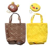 LHLZNB 2 Pcs Elegant Folding Shopping Bags - Foldable Beach Bags for Women - Waterproof Tote Bag - Reusable & Portable Shopper Bag,Washable Grocery Shopping Bags for Daily Shopping (Bear+Duck)