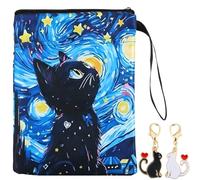 LHLZNB 3PCS Starry Night Black Cat Book Pouch Set, Waterproof Book Sleeve 22.3x29.5cm with 2 Alloy Cat Keychains Black White Heart for Book Lovers