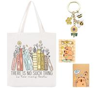 LHLZNB 4PCS Book Lovers Gift Set, Floral Tote Bag with Sunflower Bee Keychain & 2 Capybara Notebooks for Readers Bookworms