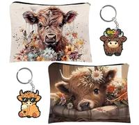 LHLZNB 4PCS Highland Cow Makeup Bag Set, 2 Double Sided Canvas Cosmetic Pouches with 2 Highland Cow Keychains for Women Travel Gift