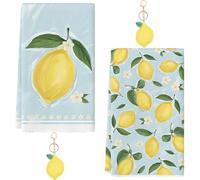 LHLZNB 4PCS Lemon Print Microfiber Towel Set, 2 Summer Hand Towels 42x62cm Blue Background with 2 Lemon Keychains for Kitchen Bath Decor