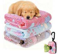 LHLZNB 4PCS Pet Blanket Set, 3 Washable Coral Fleece Blankets 60x40cm Pink Blue Brown with 1 Pink Poop Bag Holder for Small Pet Cage Bedding
