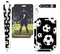 LHLZNB 4PCS Soccer ID Badge Holder Set, 2 Black Football Bus Pass Cases with Player Number 7, 1 Leather Cord & 1 Neck Lanyard for Work Travel Cruise Office