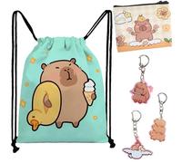 LHLZNB 5PCS Capybara Drawstring Bag Set, Light Blue Duck Print Gym Sack 45x42cm with Orange Wallet & 3 Keychains for Travel Workout