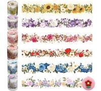 LHLZNB 7PCS Floral Washi Tape Set, 6 Rolls Flower Sticker Tape 2m x 5cm with 1 Flower Tape Measure 1.5m for DIY Scrapbook Bullet Journal Gift