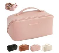 LHLZNB Large Capacity Makeup Bag, Travel Cosmetic Bag with Handle and Divider Flat Lay Organizer Portable Toiletry Bag,Makeup Bags，Makeup Storage Brush for Women (Pink)