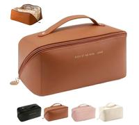 LHLZNB Large Capacity Makeup Bag, Travel Cosmetic Bag with Handle and Divider Flat Lay Organizer Portable Toiletry Bag,Makeup Bags，Makeup Storage Brush for Women (Coffee)