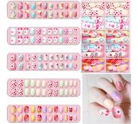 LHLZNB Store 120 Pcs Kids False Nails Press On - Children Pre-glue Short Acrylic Nail Tips with Full Cover Design, Butterfly Sparkle Mermaid Color DIY Little Girl Gift (Blue butterfly, Short)