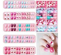 LHLZNB Store 120 Pcs Kids False Nails Press On - Children Pre-glue Short Acrylic Nail Tips with Full Cover Design, Butterfly Sparkle Mermaid Color DIY Little Girl Gift (White strawberry, Short)